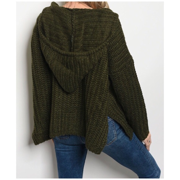 OLIVE CHUNKY KNIT HOODIE SWEATER - Picture 2 of 5